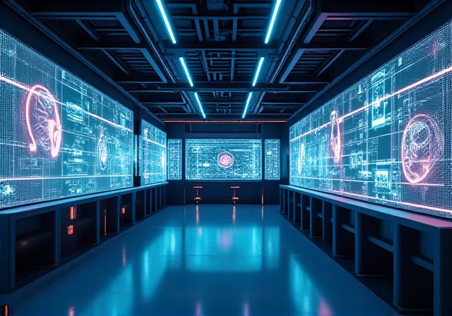 Futuristic AI research lab environment with holographic displays