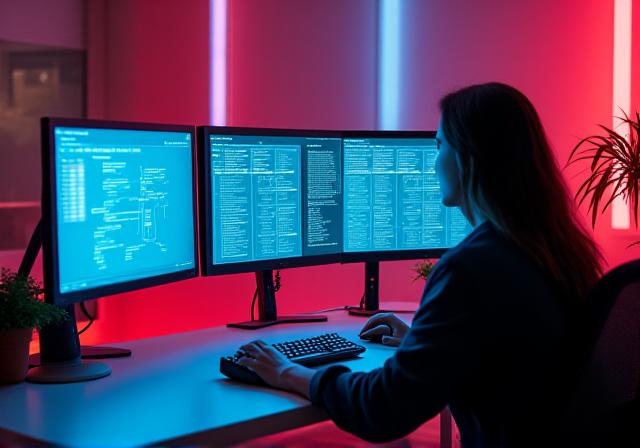 Modern game development studio with AI structural diagrams on dual screens